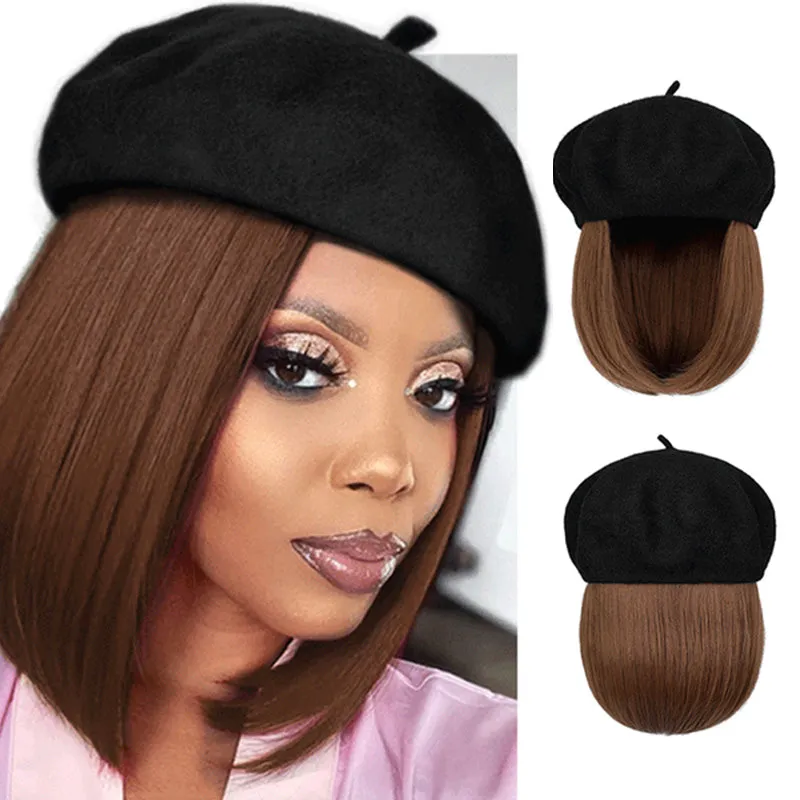 [Special Gift] Straight Short Synthetic Wigs Berets Hat for Women