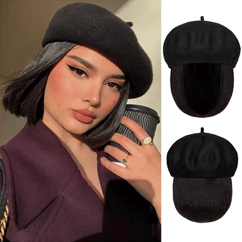 [Special Gift] Straight Short Synthetic Wigs Berets Hat for Women