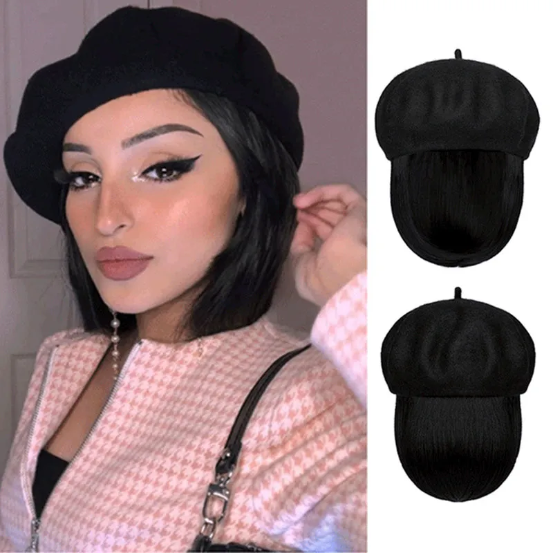[Special Gift] Straight Short Synthetic Wigs Berets Hat for Women