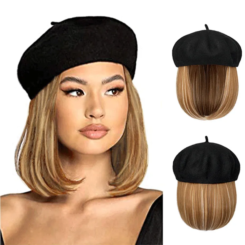 [Special Gift] Straight Short Synthetic Wigs Berets Hat for Women