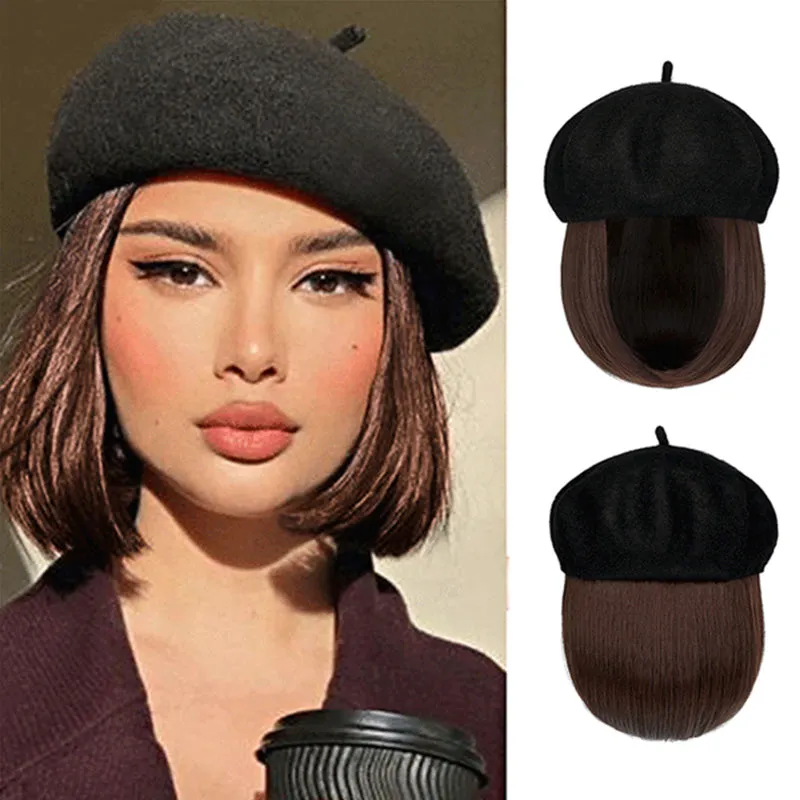 [Special Gift] Straight Short Synthetic Wigs Berets Hat for Women
