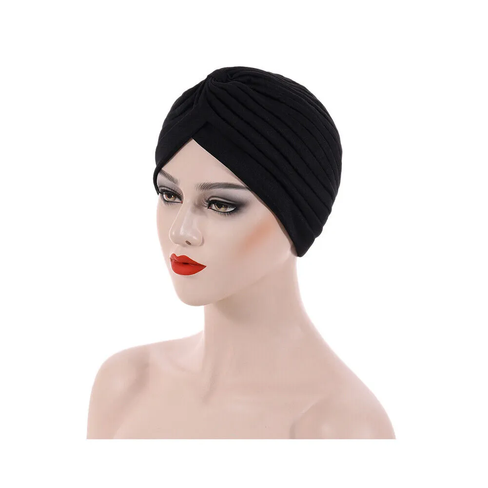 US 1-2 Pack Turban For Women Soft Head Wrap Pleated Loss Cap Chemo Hat Hair