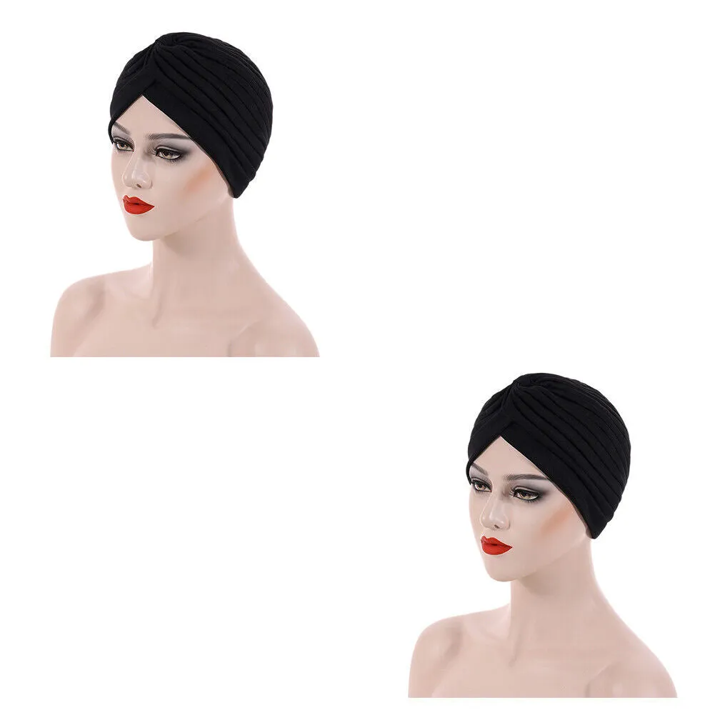 US 1-2 Pack Turban For Women Soft Head Wrap Pleated Loss Cap Chemo Hat Hair