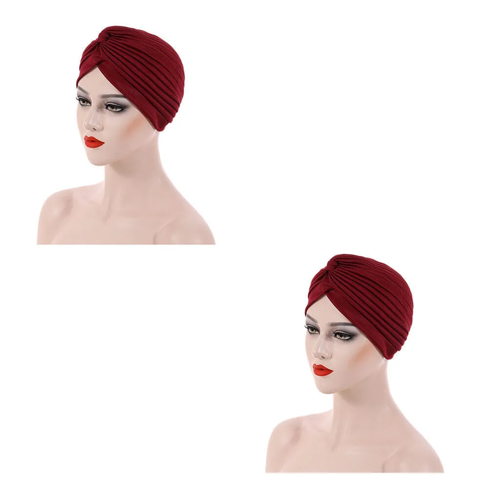 US 1-2 Pack Turban For Women Soft Head Wrap Pleated Loss Cap Chemo Hat Hair