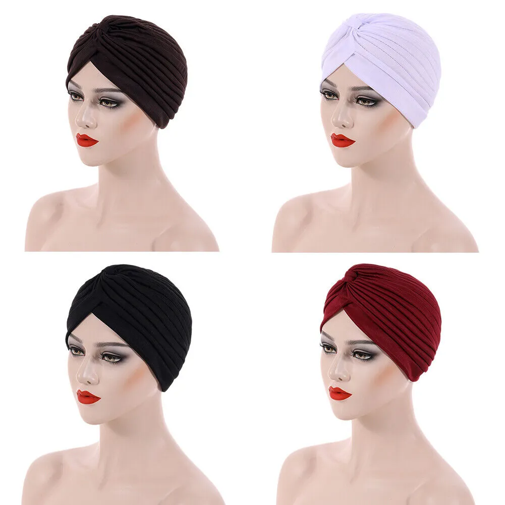 US 1-2 Pack Turban For Women Soft Head Wrap Pleated Loss Cap Chemo Hat Hair