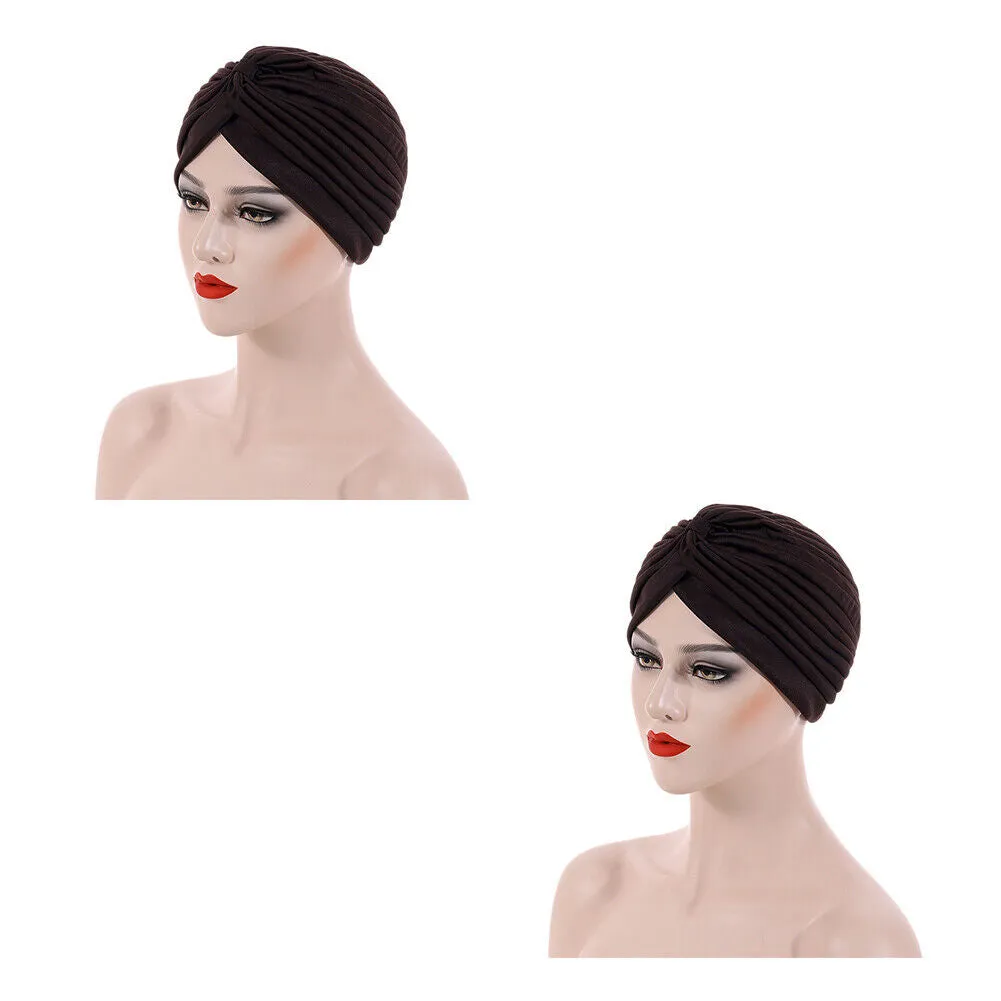 US 1-2 Pack Turban For Women Soft Head Wrap Pleated Loss Cap Chemo Hat Hair
