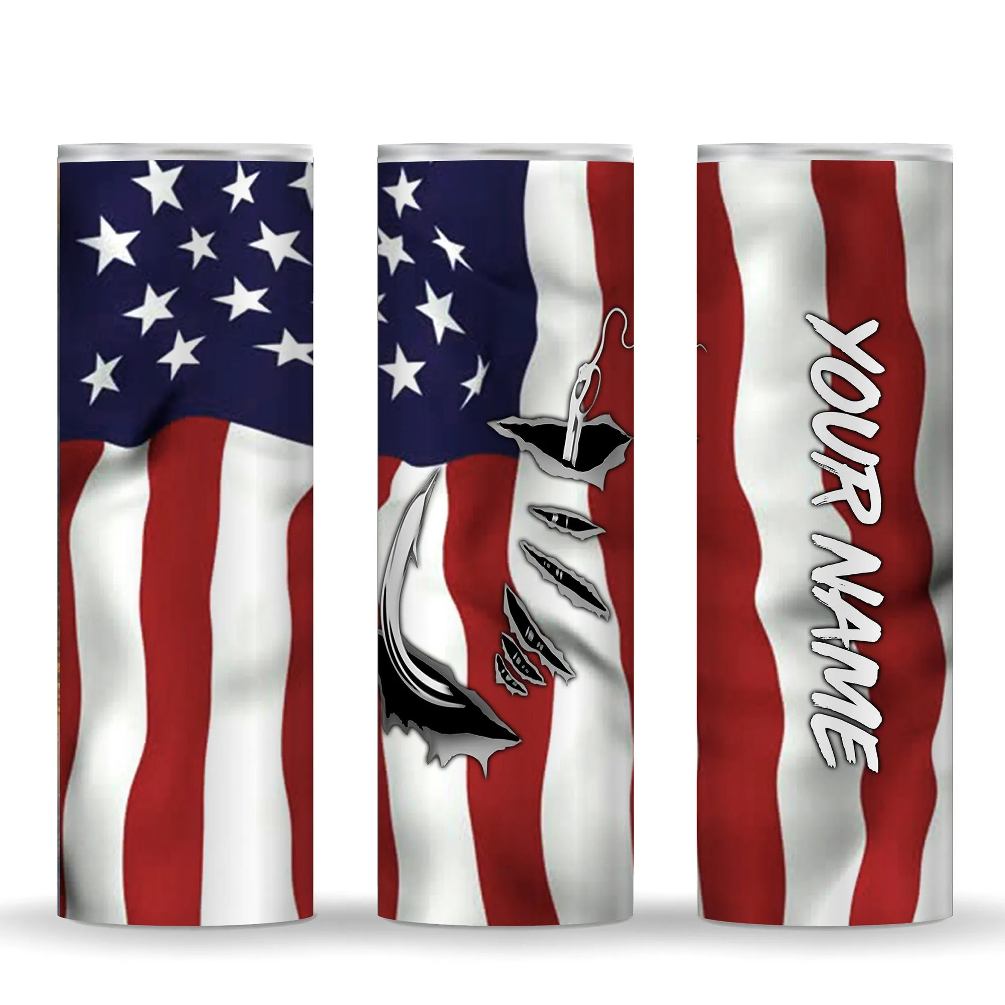 US Fishing 3D Fish Hook US Flag custom name personalized fishing gifts - Skinny Tumbler