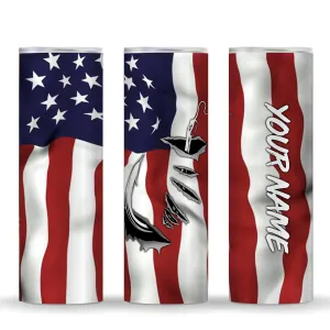 US Fishing 3D Fish Hook US Flag custom name personalized fishing gifts - Skinny Tumbler