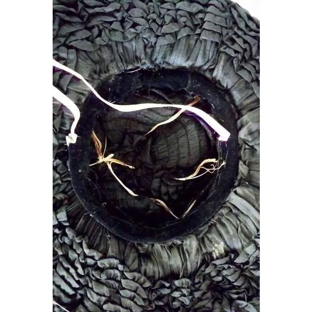 Victorian Womens Silk Wide Brim Hat Black Ribbon Jet Decoration 1890S