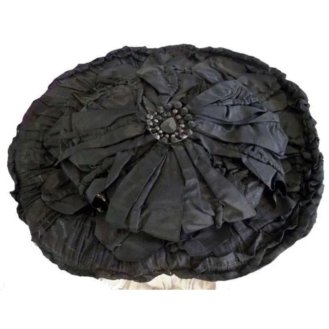 Victorian Womens Silk Wide Brim Hat Black Ribbon Jet Decoration 1890S