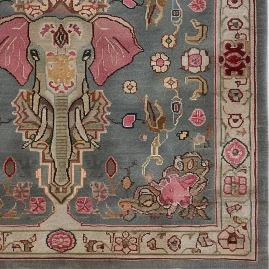 Vintage Elephant Hand Knotted Area Rug