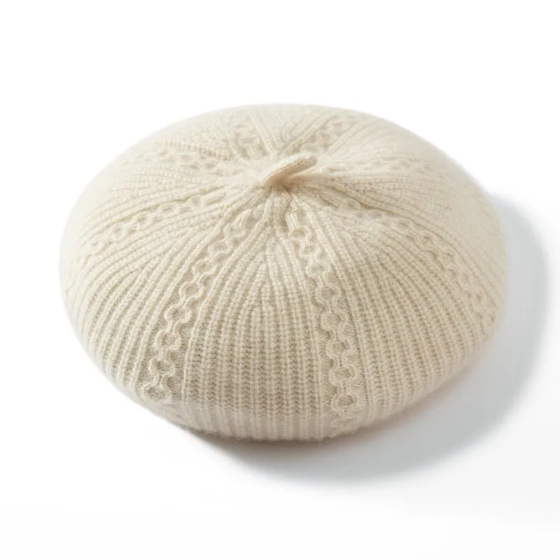 Womens Chic Pure Cashmere Cable Knit Beret Cashmere Painter Hat