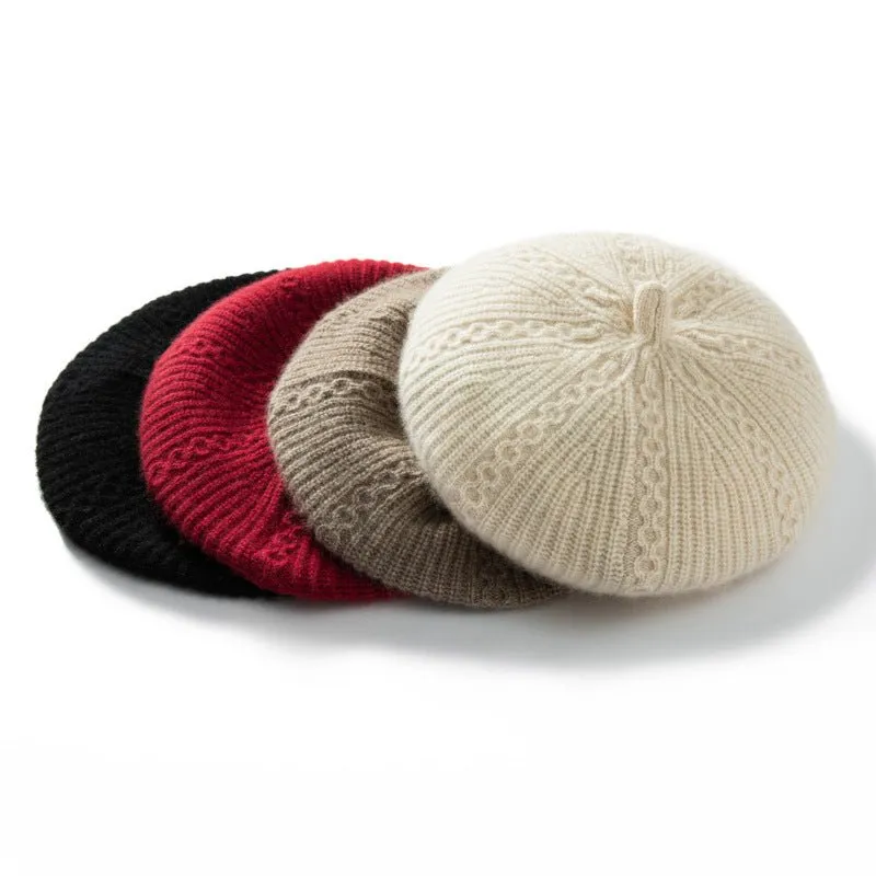 Womens Chic Pure Cashmere Cable Knit Beret Cashmere Painter Hat
