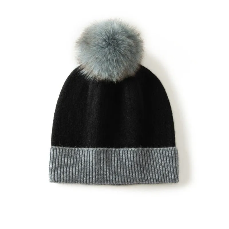 Womens Pure Cashmere Hat with Fur Pom Cashmere Ribbed Knit Winter Hat