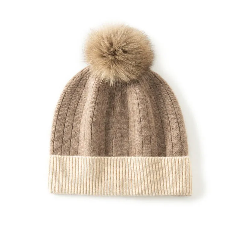 Womens Pure Cashmere Hat with Fur Pom Cashmere Ribbed Knit Winter Hat