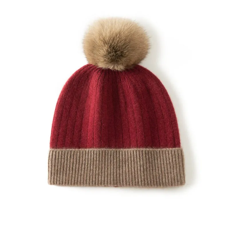 Womens Pure Cashmere Hat with Fur Pom Cashmere Ribbed Knit Winter Hat