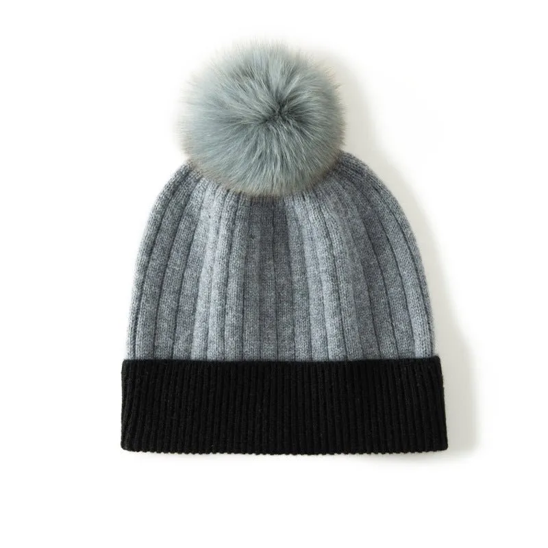 Womens Pure Cashmere Hat with Fur Pom Cashmere Ribbed Knit Winter Hat