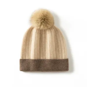 Womens Pure Cashmere Hat with Fur Pom Cashmere Ribbed Knit Winter Hat